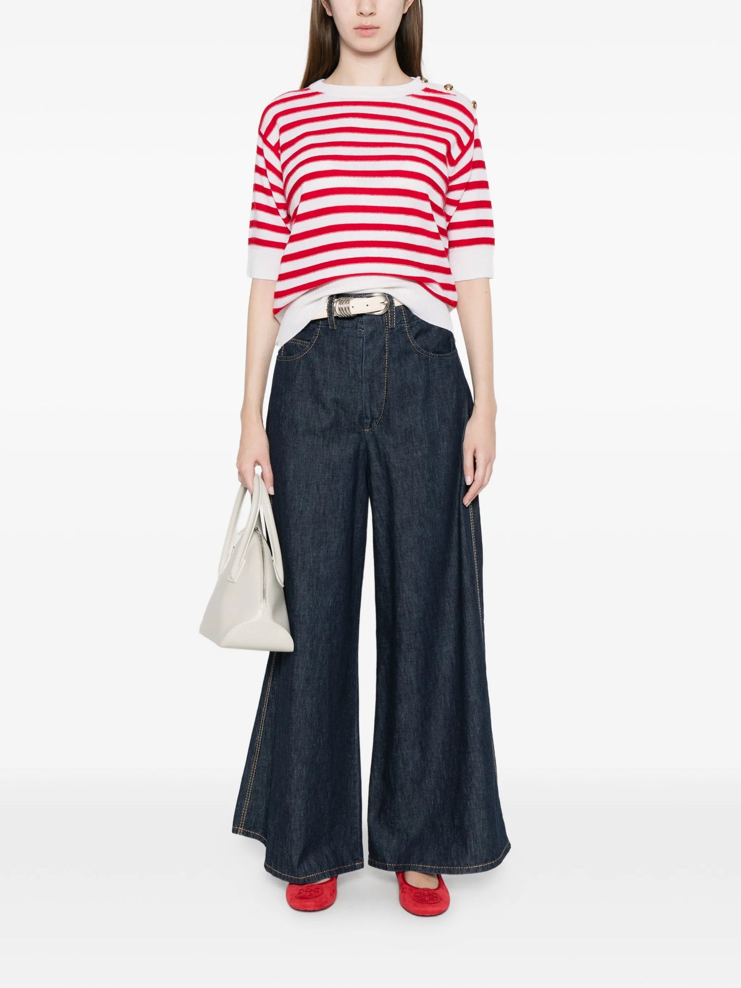 Short sleeve striped wool-cashmere sweater, red-white