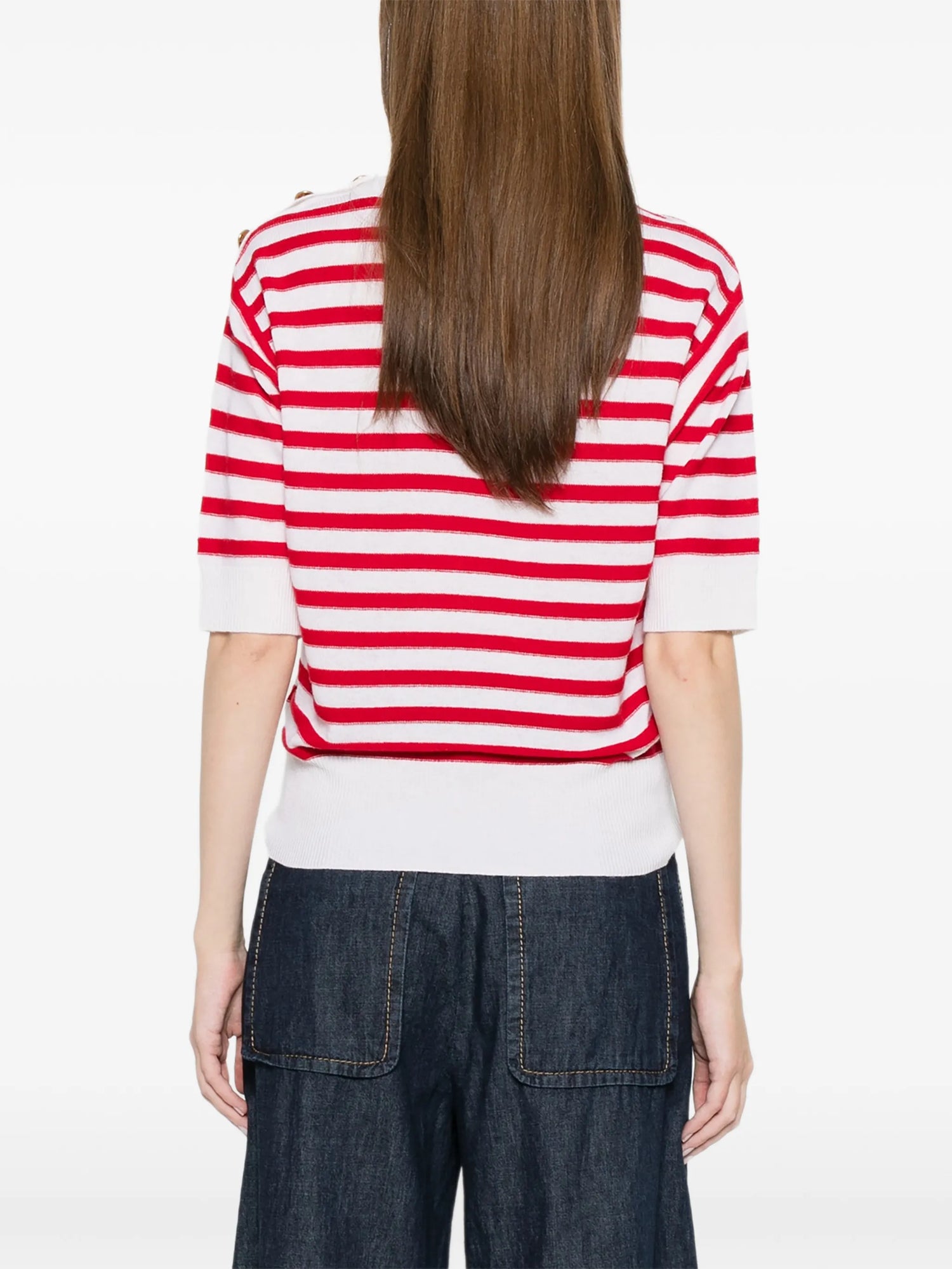 Short sleeve striped wool-cashmere sweater, red-white