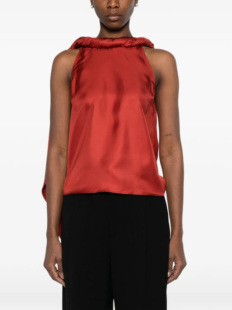 Wilma twisted collar silk top, red
