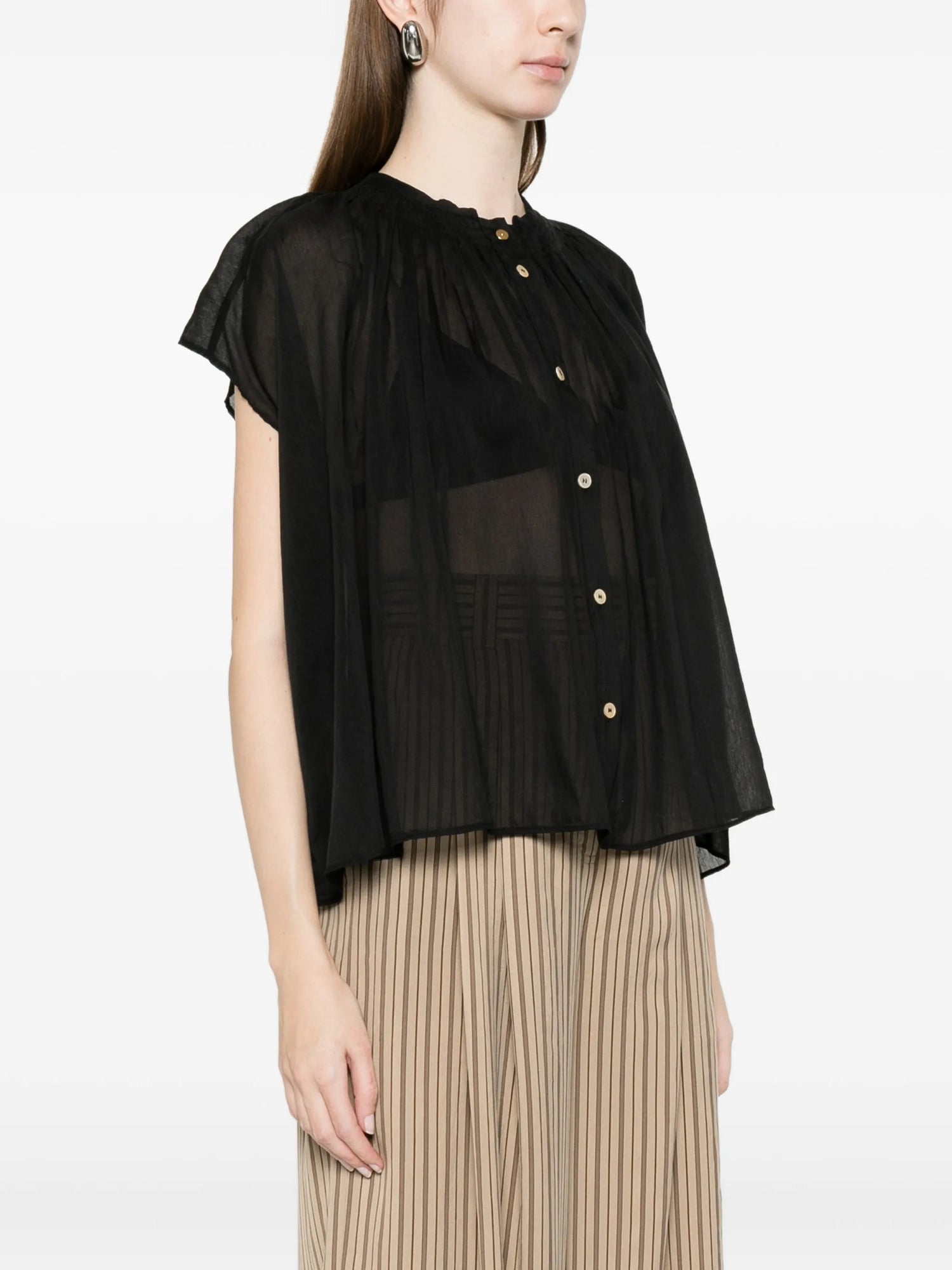 Silk cotton voile sleeveless bohemian shirt, black