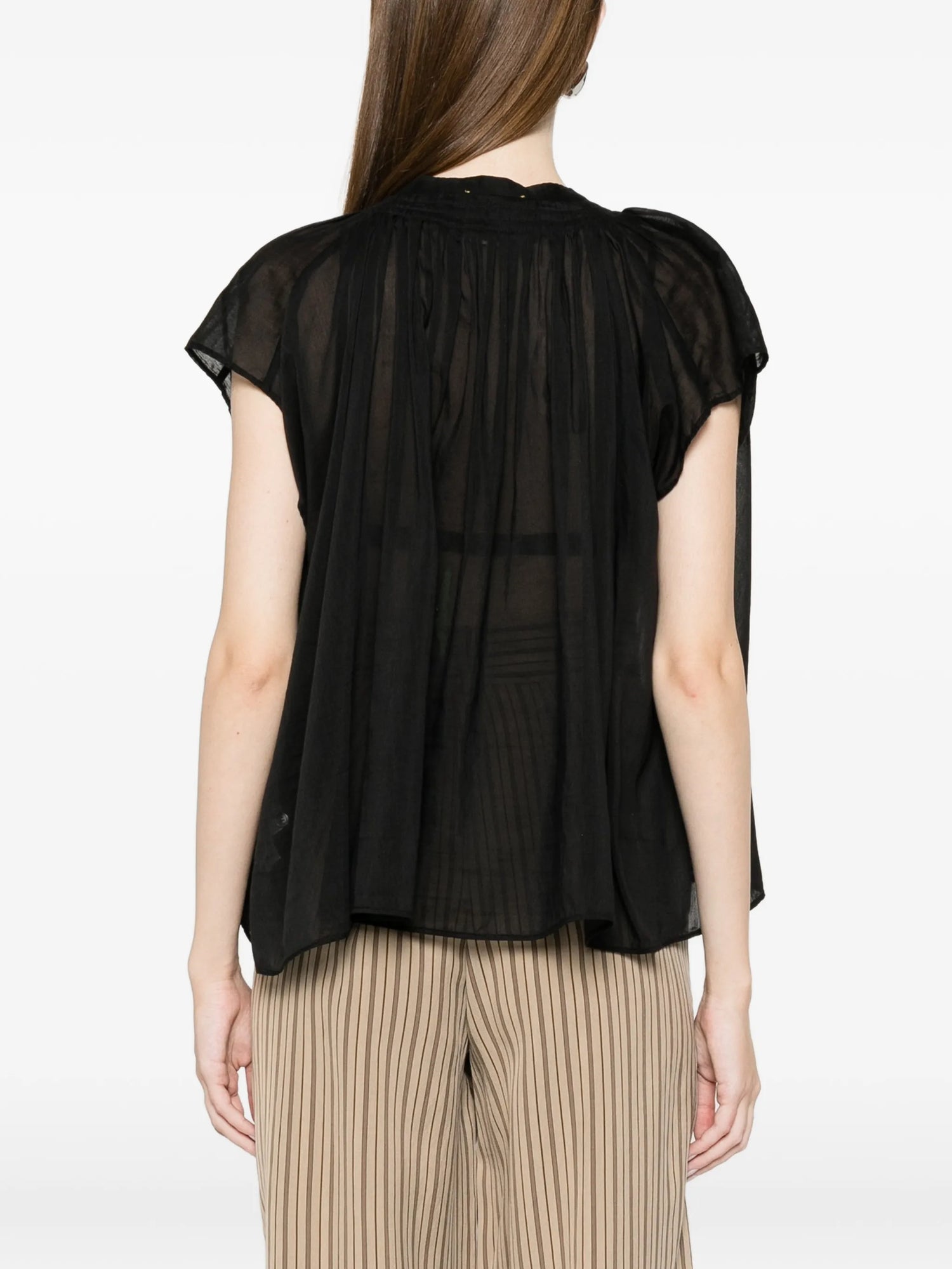 Silk cotton voile sleeveless bohemian shirt, black