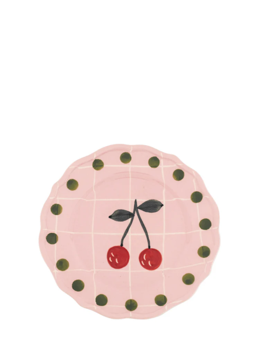 Cherries salad plate, pink with green dots