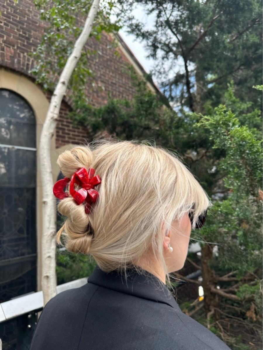 Red bow acetate holiday hair claw clip