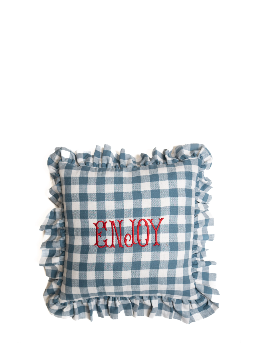 Ruffle cushion Enjoy, blue checks