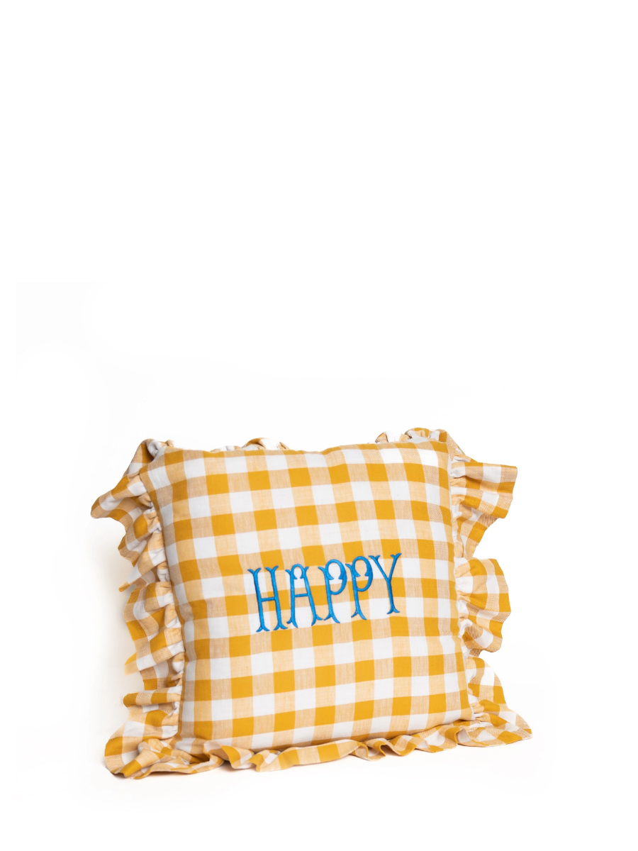 Ruffle cushion Happy, mustard yellow checks