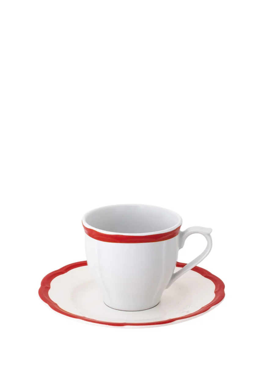 Red scalloped edge espresso cup and saucer set