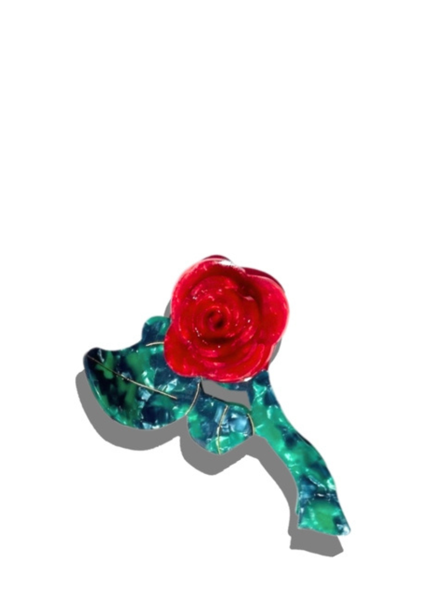 Origami red rose stem hair claw clip