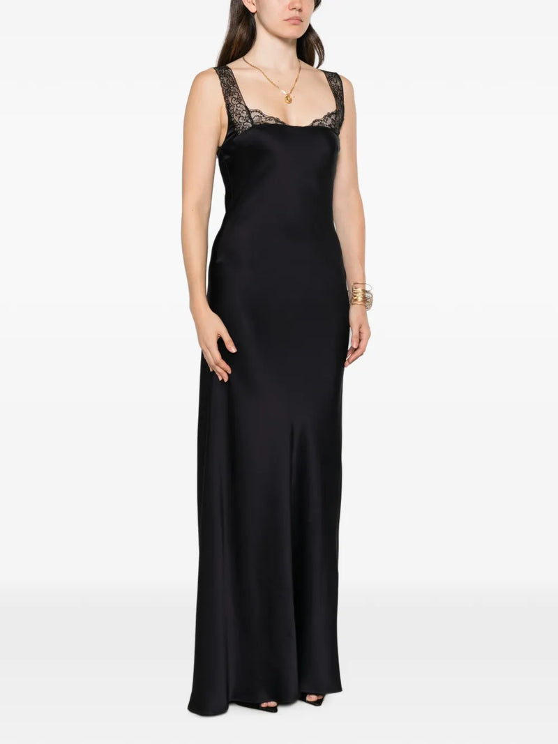 Envers satin lace neckline long dress, blue