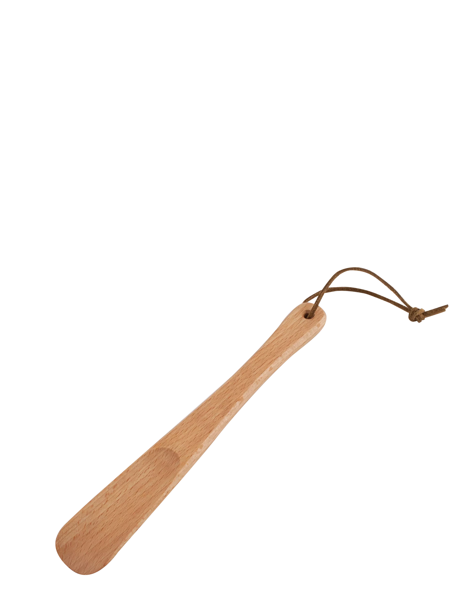 Wooden shoehorn with a brown string on a white background