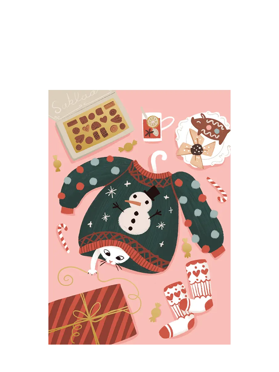 Snowman sweater Christmas postcard, Kaisu Sandberg (KS34)
