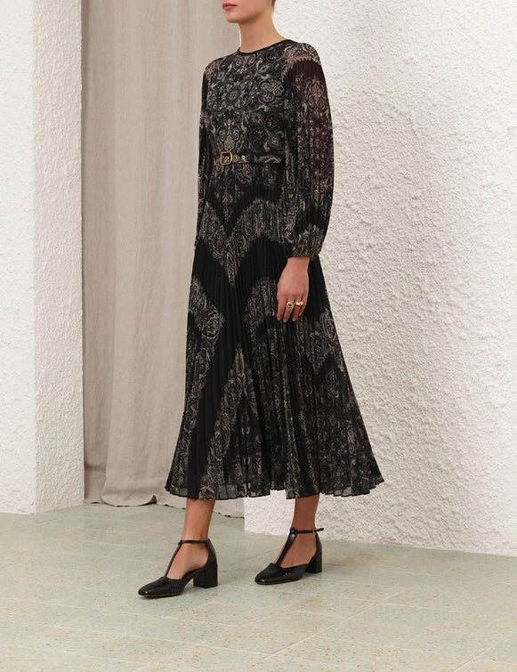 Sunray Long Sleeve Midi Dress, Black Paisley