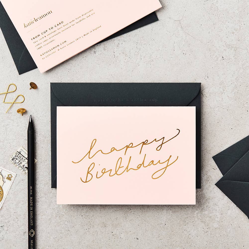 Gold on pink cursive birthday card, Extract collection