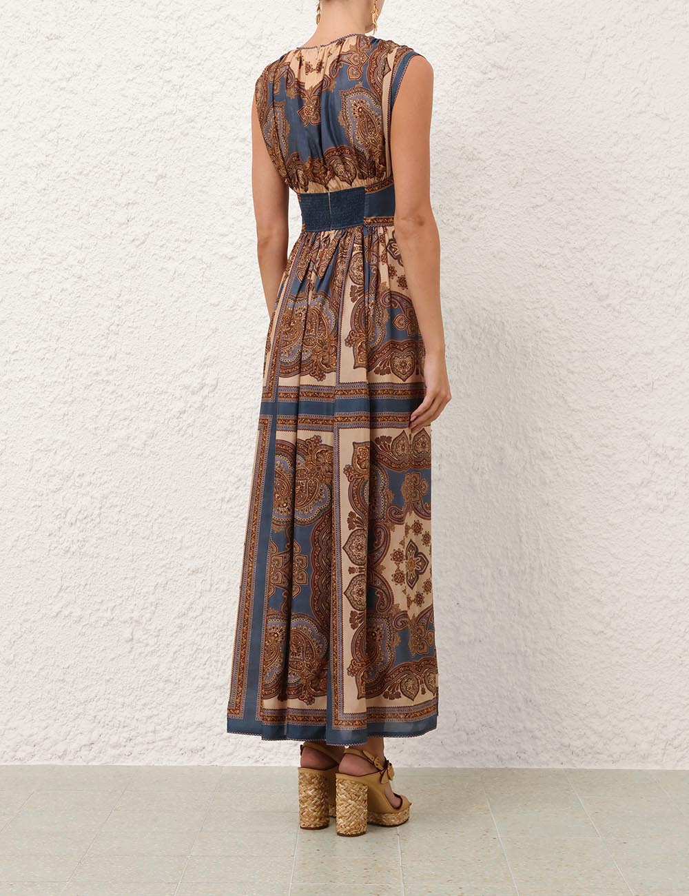 Mahon waisted silk maxi dress, dark blue paisley