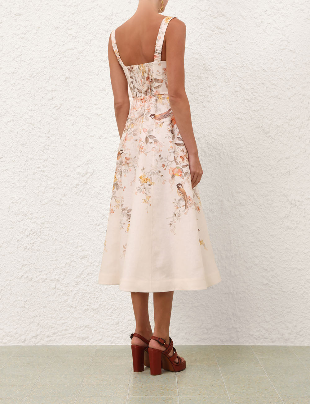 Luna buttoned picnic linen dress, cream-songbird multicolour