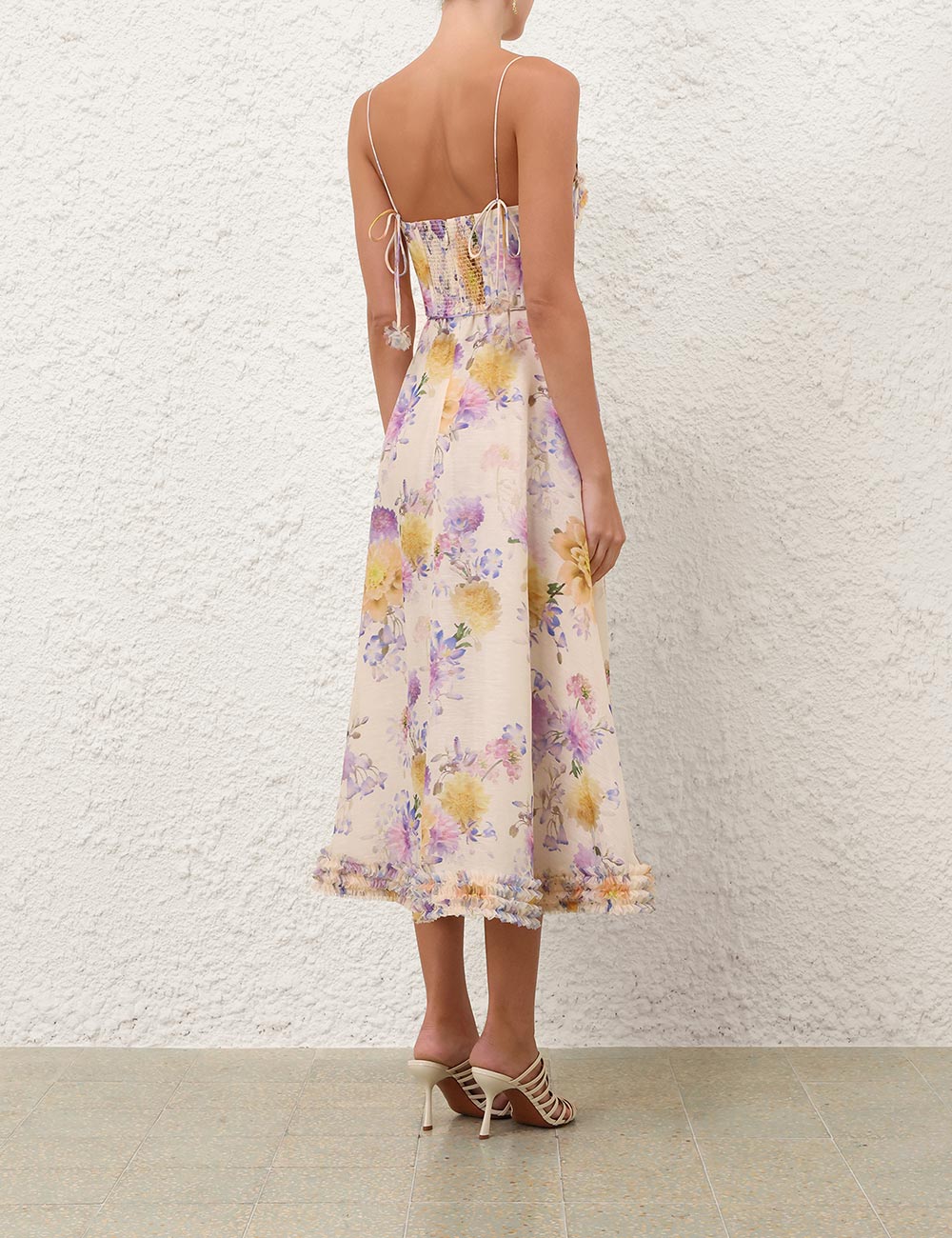 Luna ruffle silk-linen strappy midi dress, cream-dahlia purple