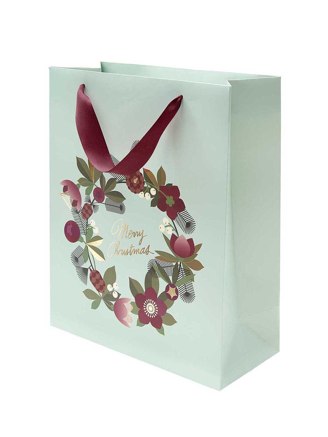 Wreath gift bag in mint green-bordeaux, size L