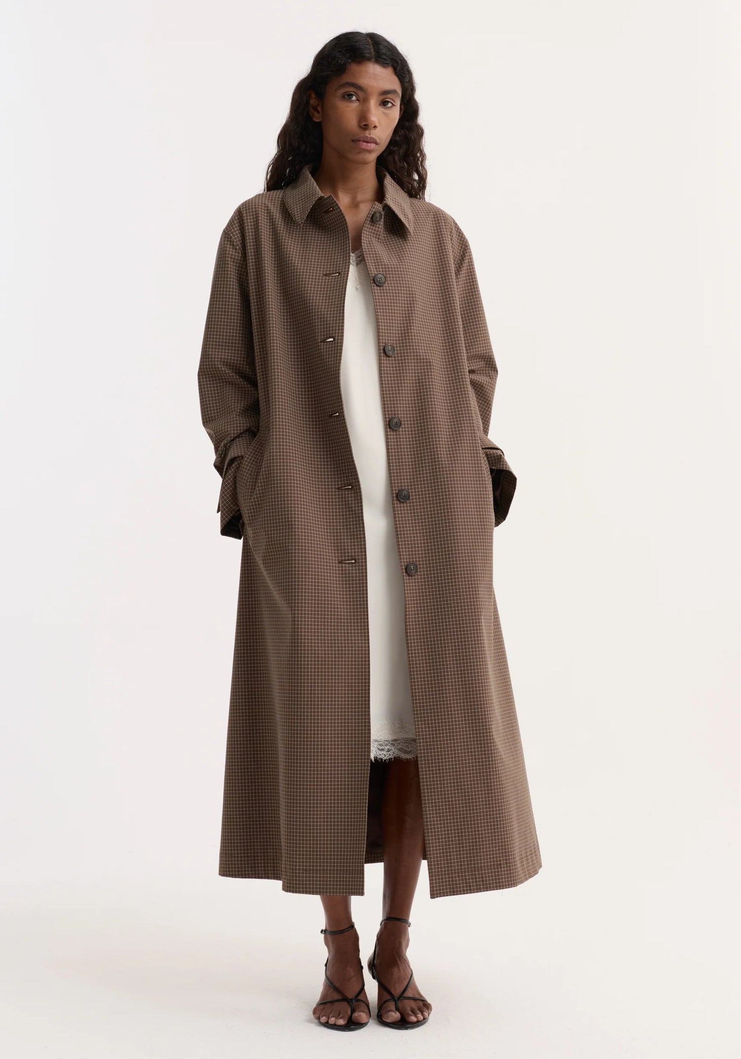 Technical check belted coat, brown multi check