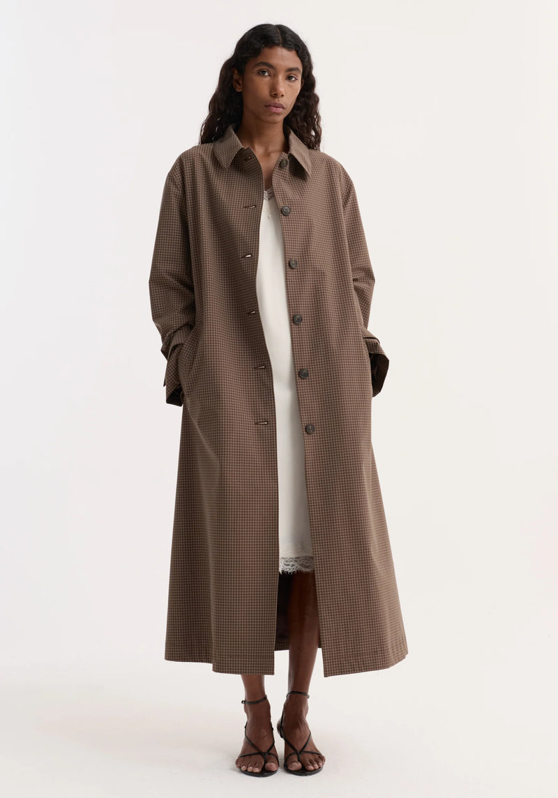 Technical check belted coat, brown multi check