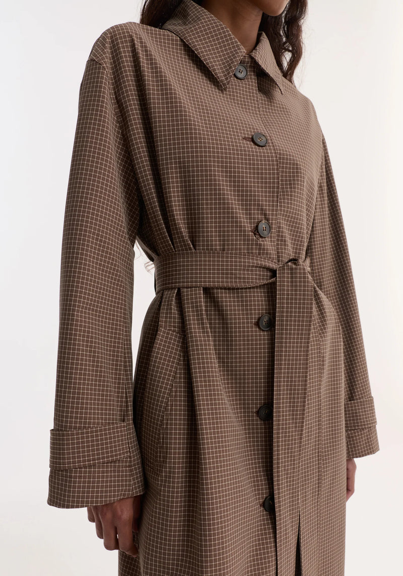 Technical check belted coat, brown multi check