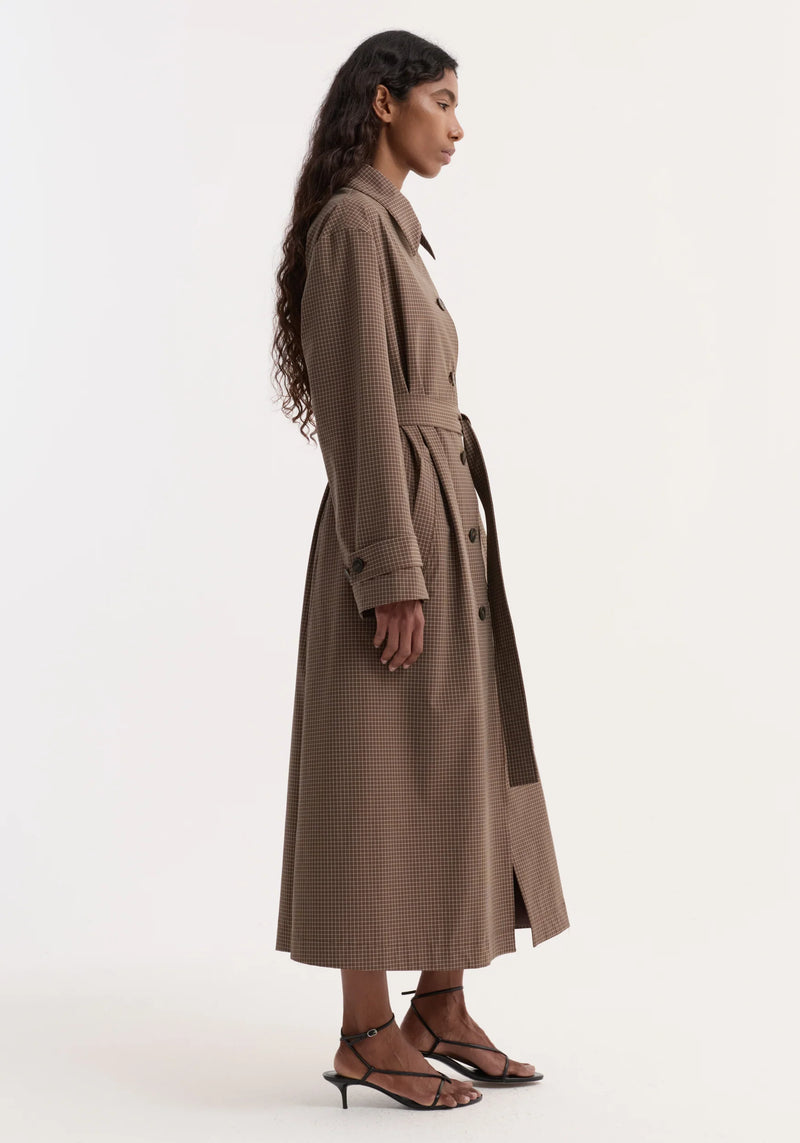 Technical check belted coat, brown multi check