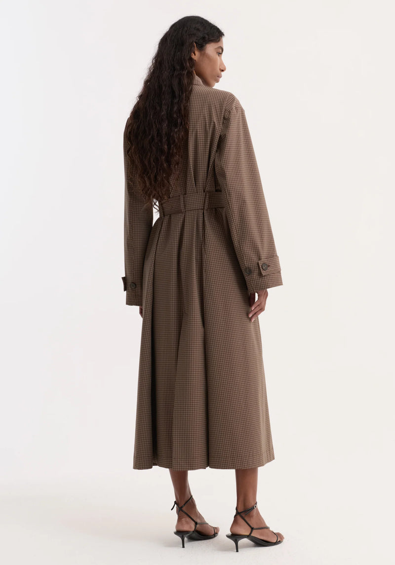 Technical check belted coat, brown multi check