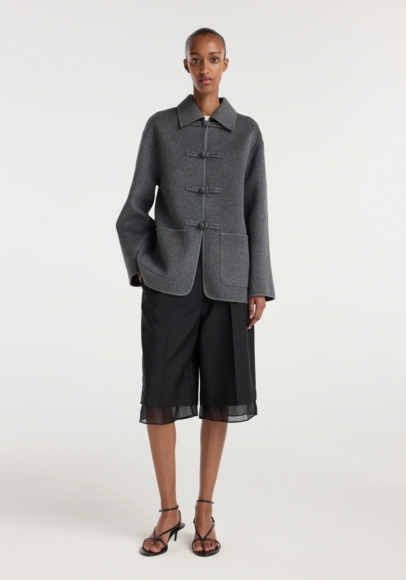 Double-faced wool pankou closure jacket, dark grey