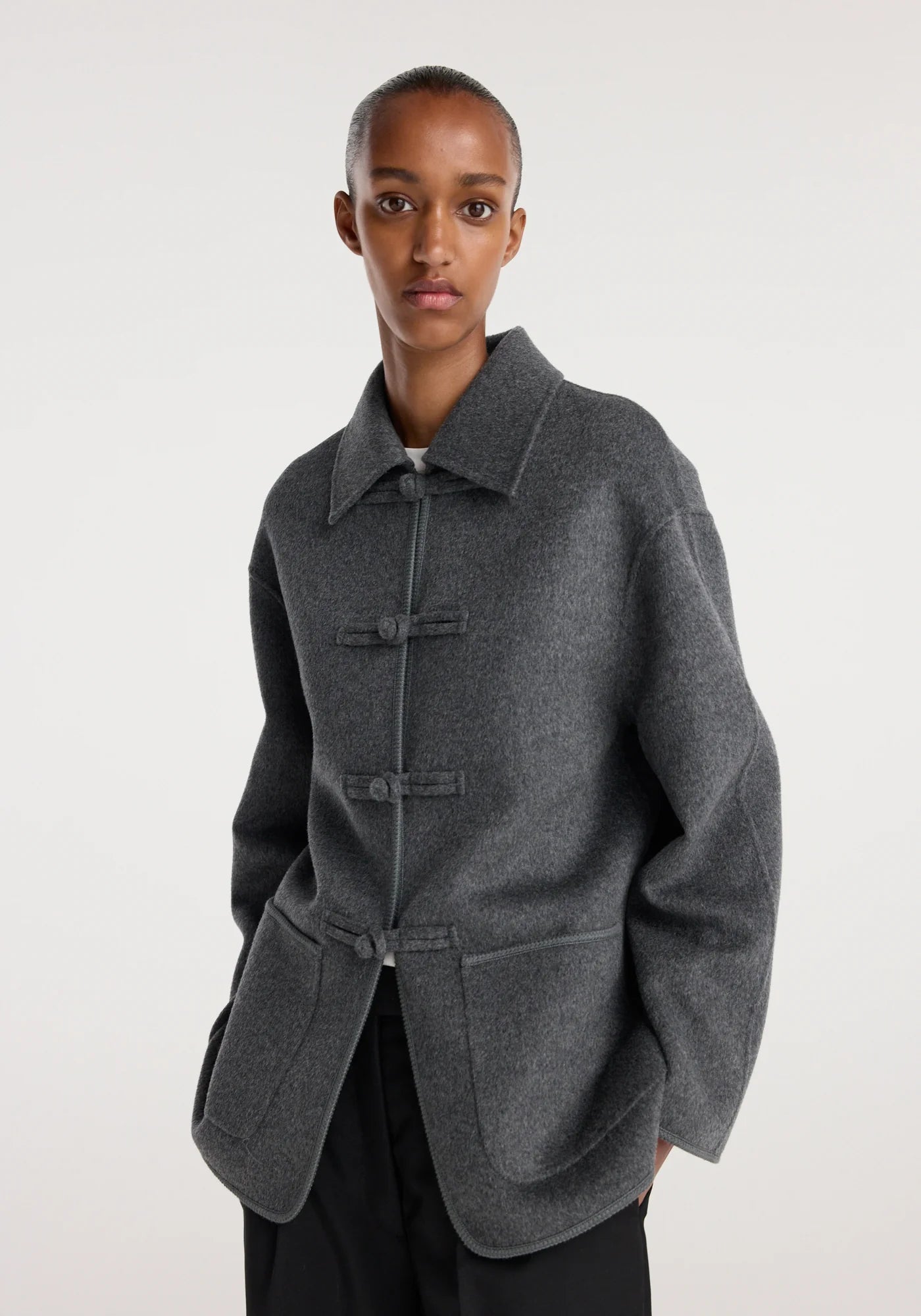 Double-faced wool pankou closure jacket, dark grey