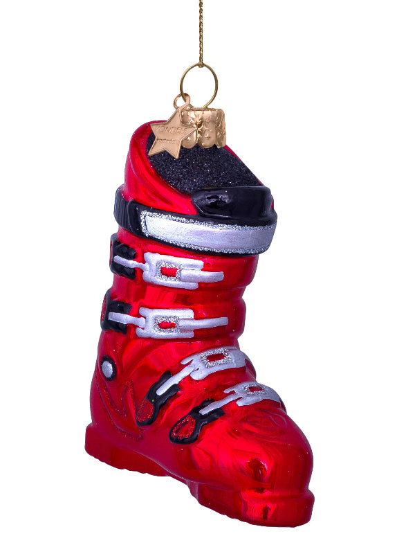 Red ski shoe glass ornament