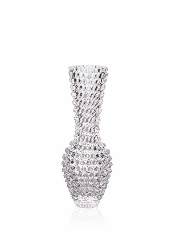Clear glass vase with textured surface on a white background