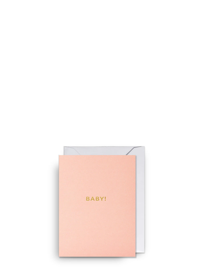 Pink card with 'BABY!' text on a white background