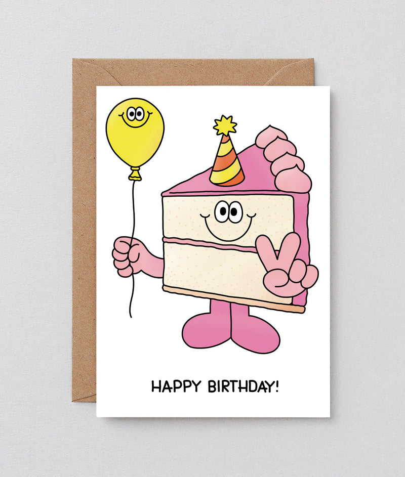 Happy birthday cake slice and balloon card