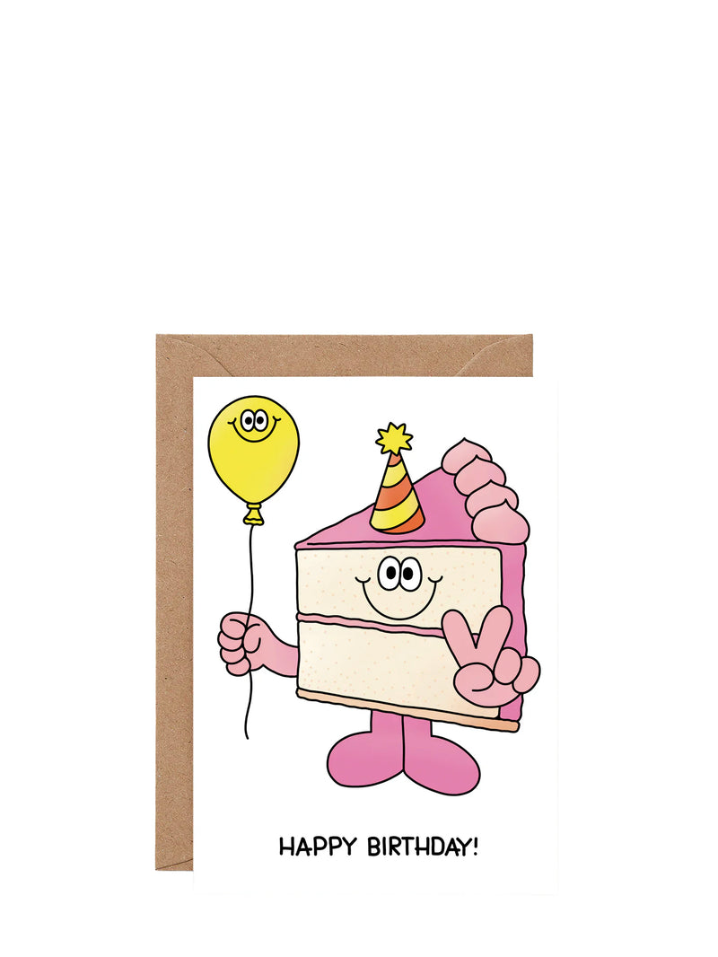 Happy birthday cake slice and balloon card