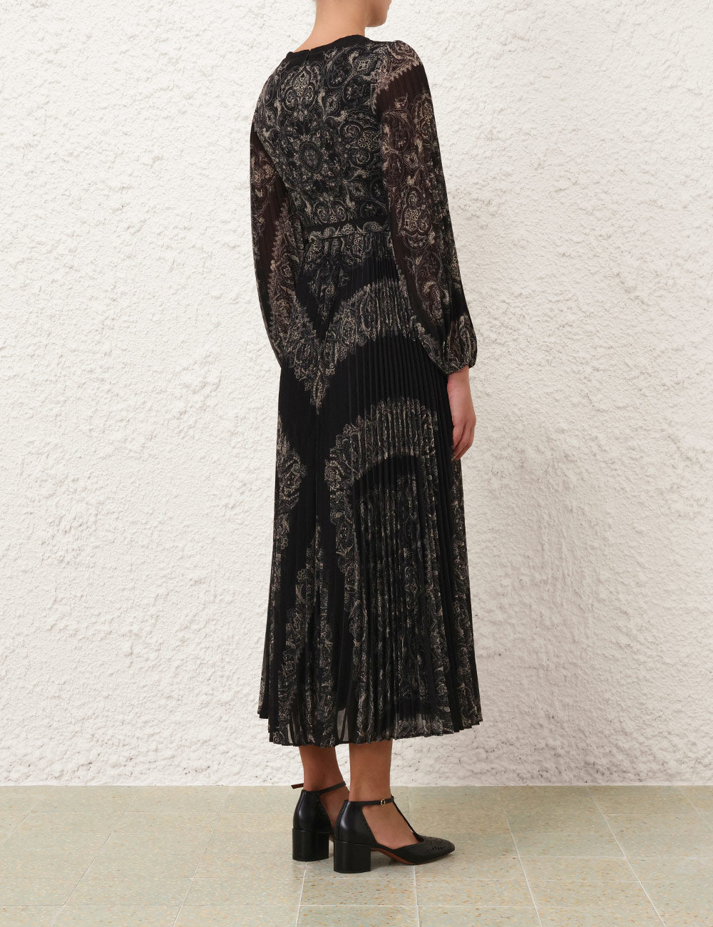 Sunray Long Sleeve Midi Dress, Black Paisley