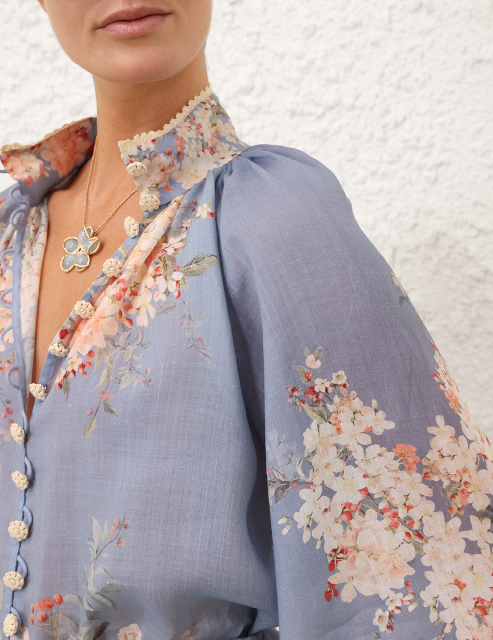 Cascadian Billow Blouse, teal blue botanical floral print