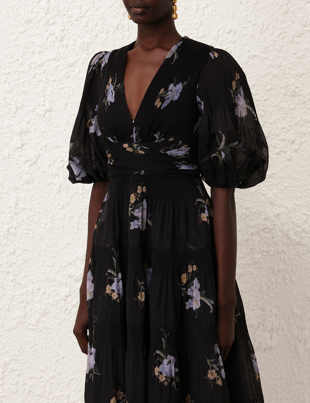 Pleated Midi Dress, Black Iris Floral