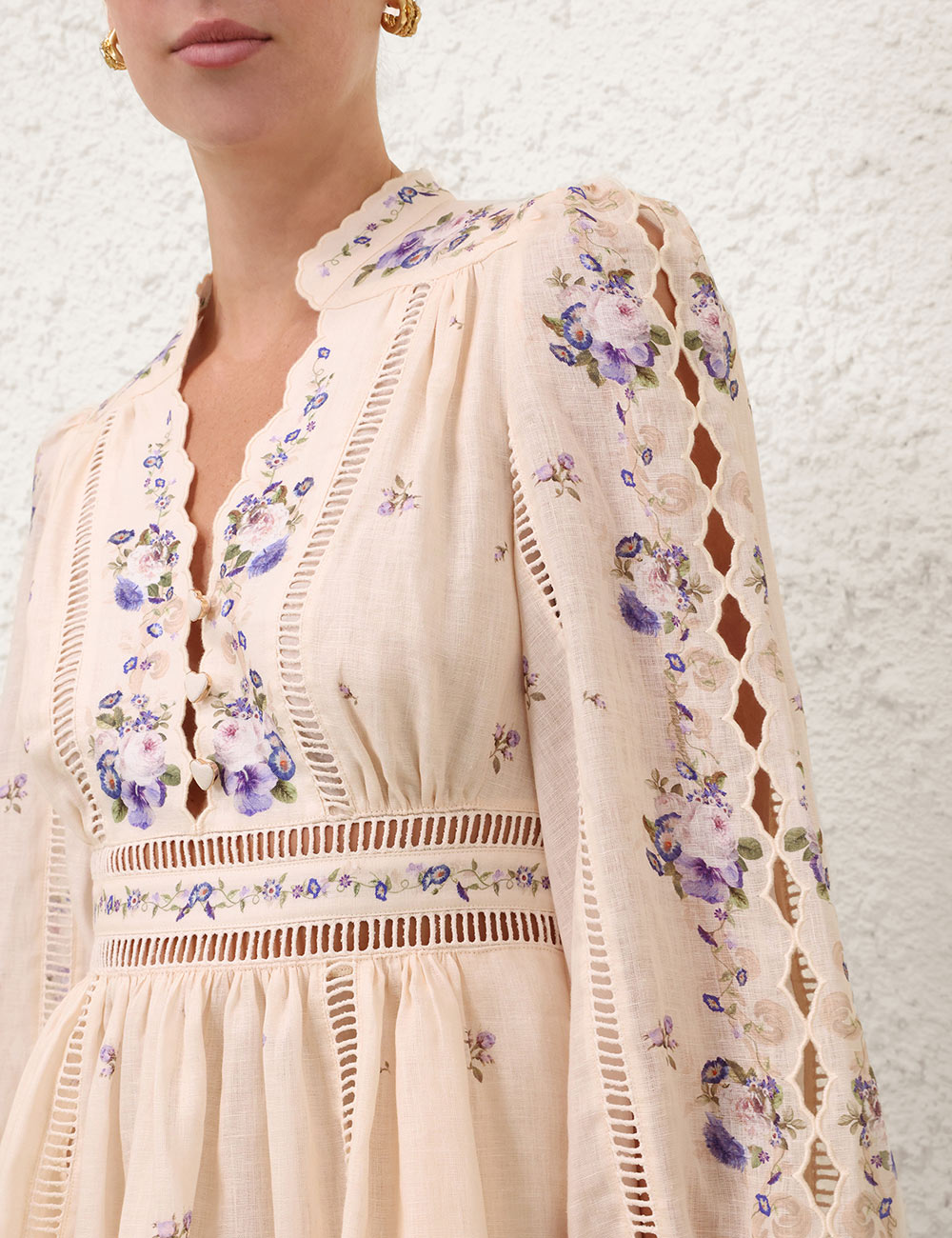 Patience Plunge Mini Dress, cream-purple rose