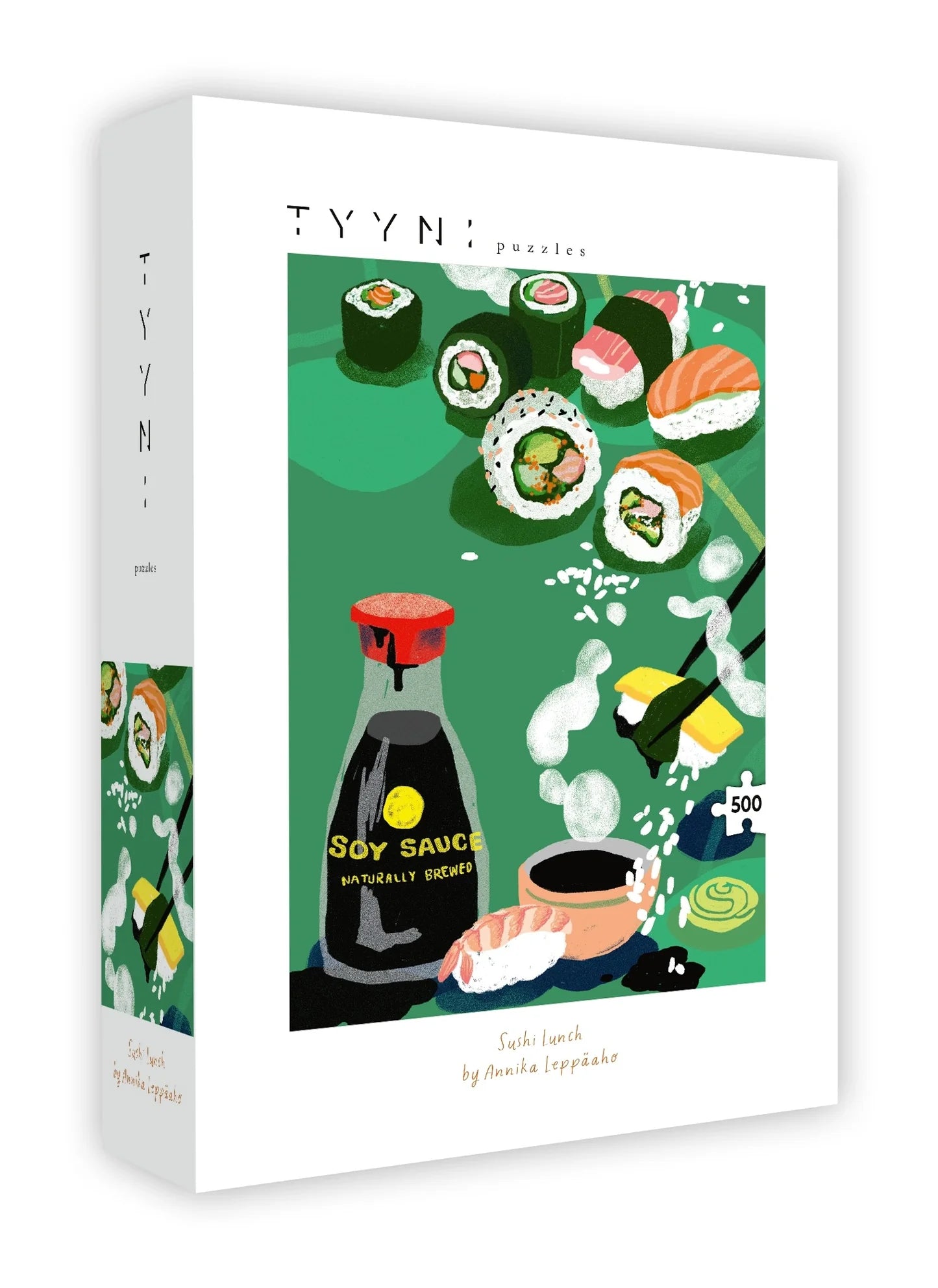 Puzzle box with sushi and soy sauce design on a white background
