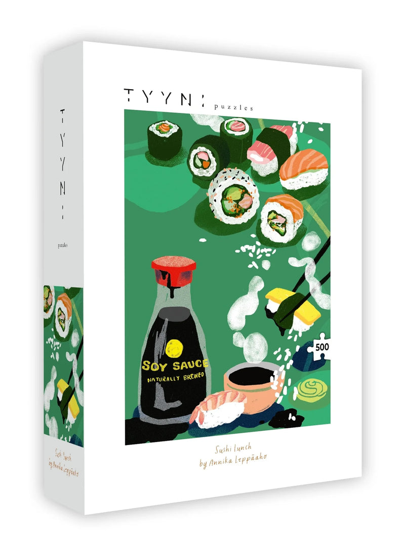 Puzzle box with sushi and soy sauce design on a white background