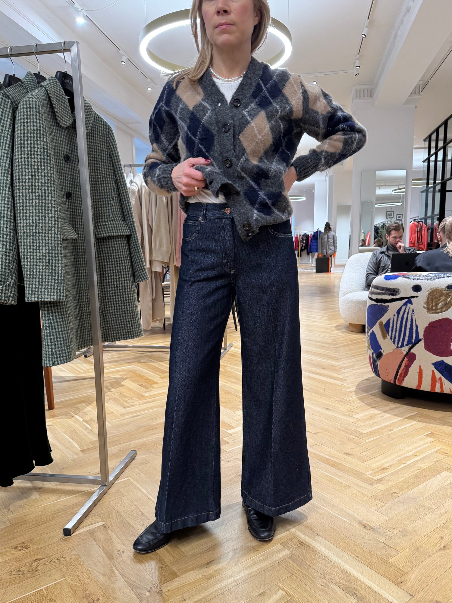 Wide-leg denim trousers