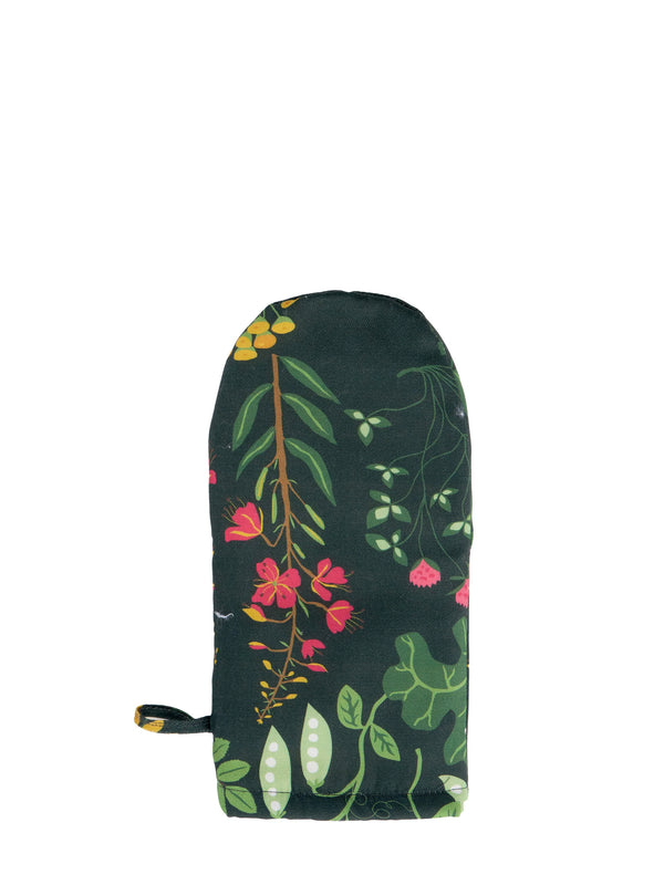 Oven mitt with floral design on a white background