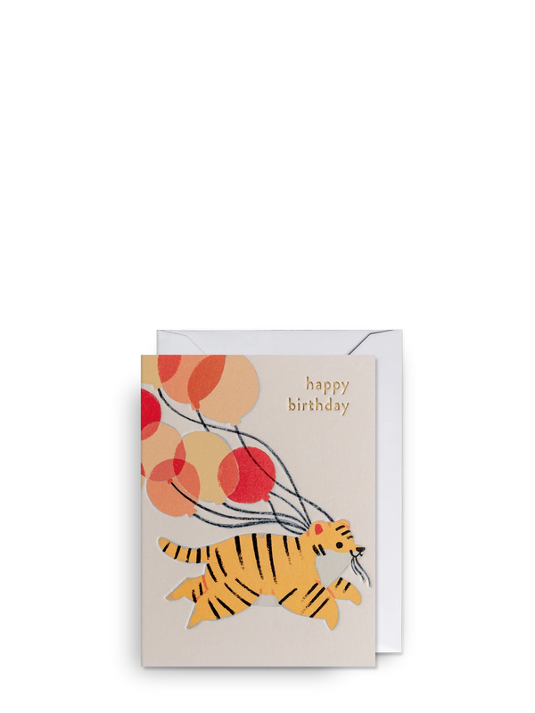 Greeting card with a tiger design and 'happy birthday' text on a white background