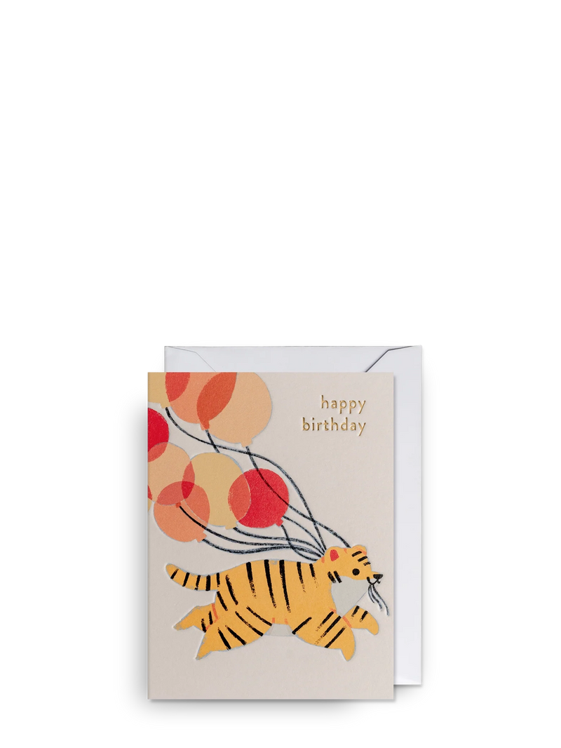 Greeting card with a tiger design and 'happy birthday' text on a white background