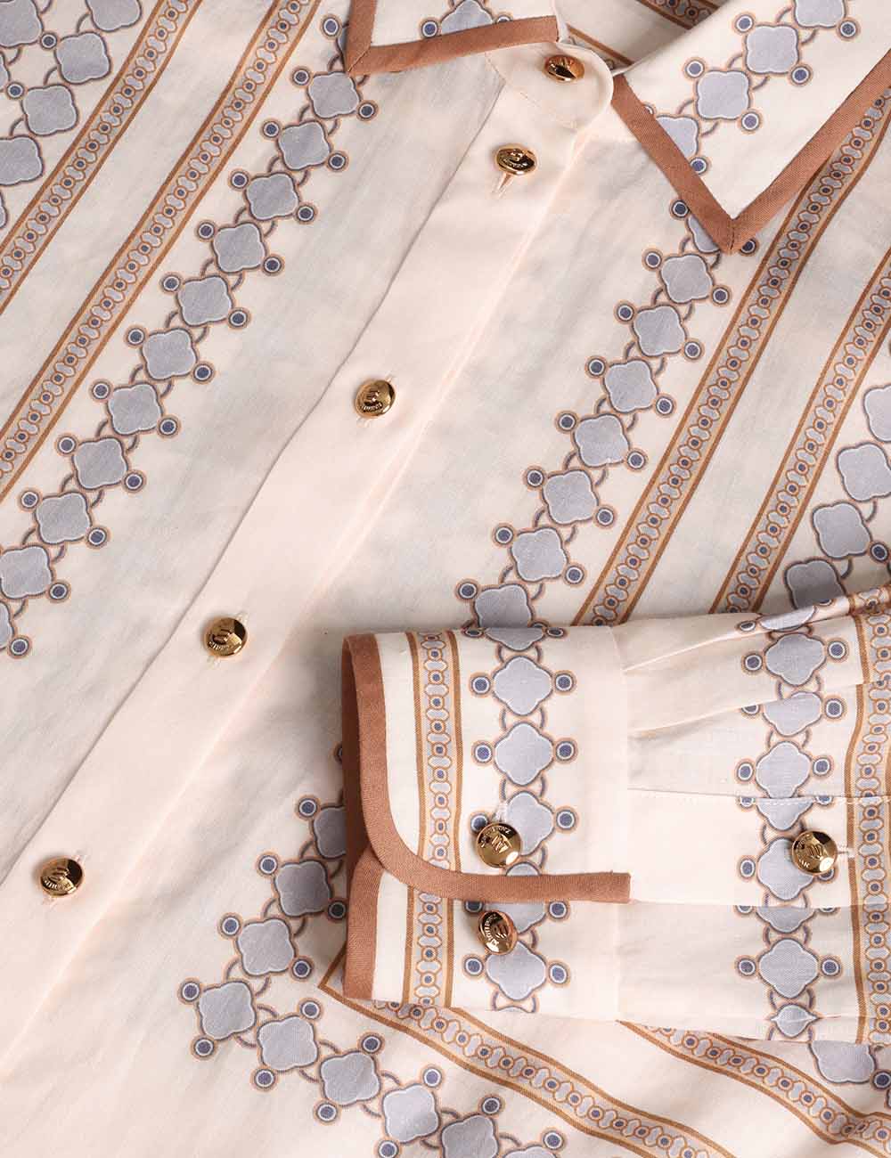 Fitted geometric print ramie shirt, cream-navy