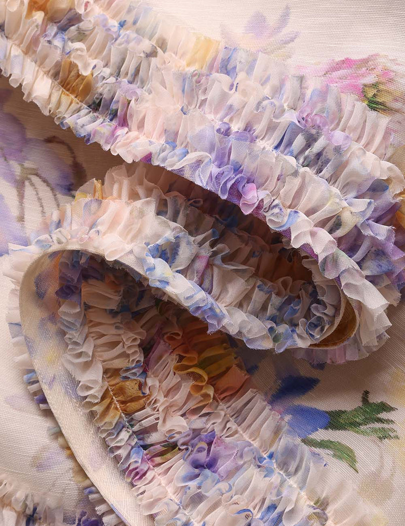 Luna ruffle silk-linen strappy midi dress, cream-dahlia purple