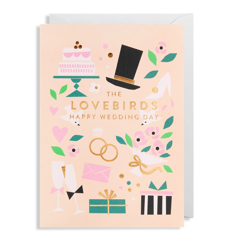 Illustrated wedding card with the text 'THE LOVEBIRDS HAPPY WEDDING DAY' featuring wedding-related icons like rings, cake, and flowers.