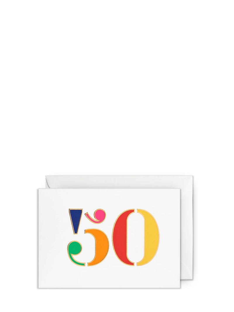 Colorful number '50' on a white card with a white envelope