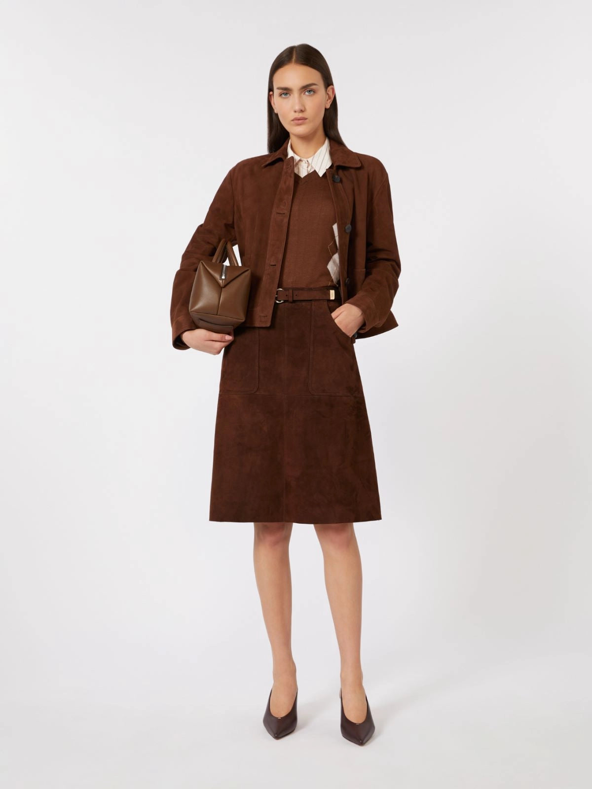 Tennis A-line leather skirt, chocolate brown