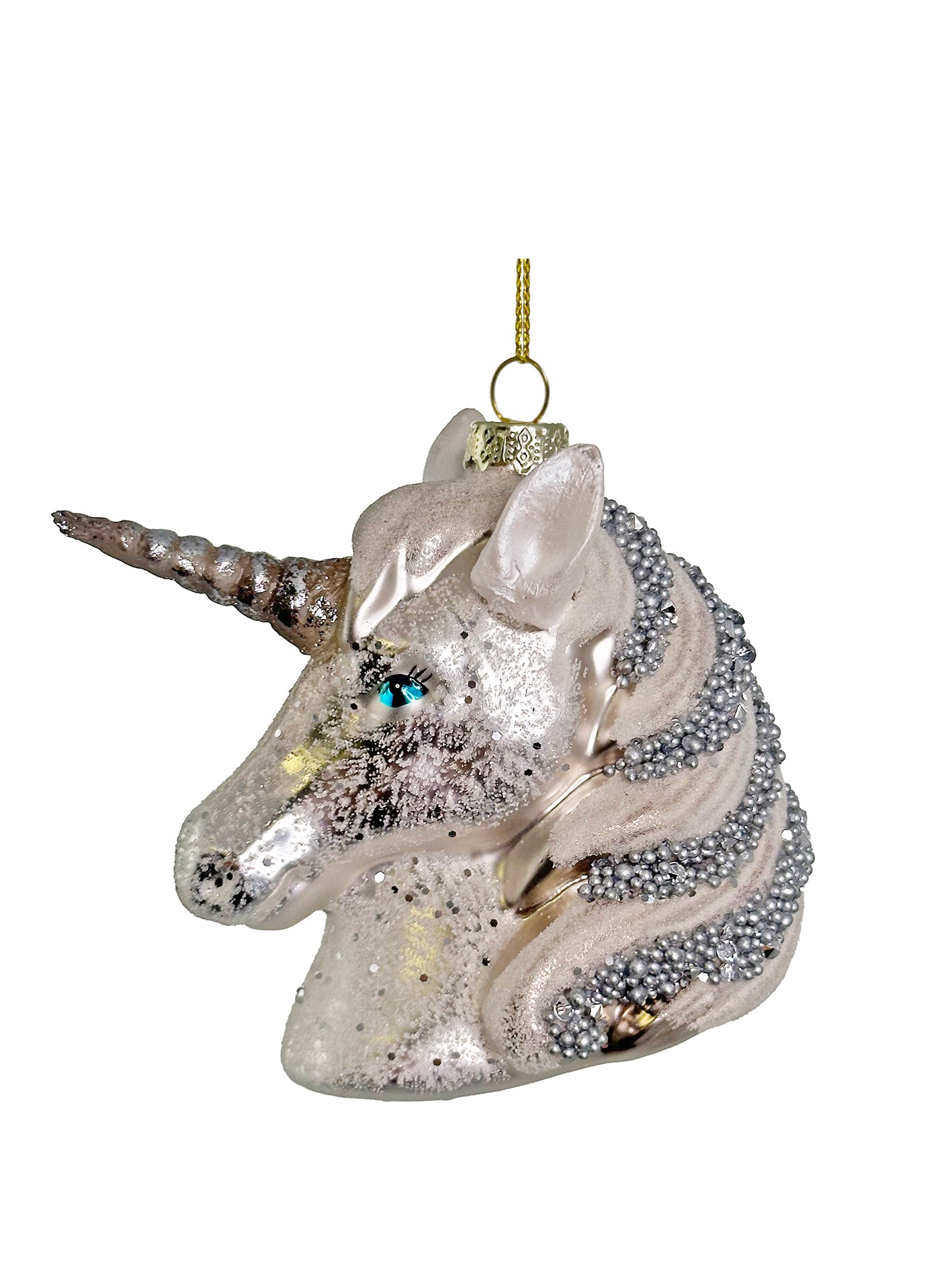 Glass unicorn ornament, white iced