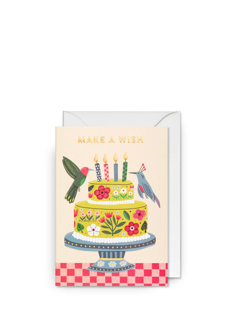 Greeting card with a birthday cake illustration and birds on a beige background
