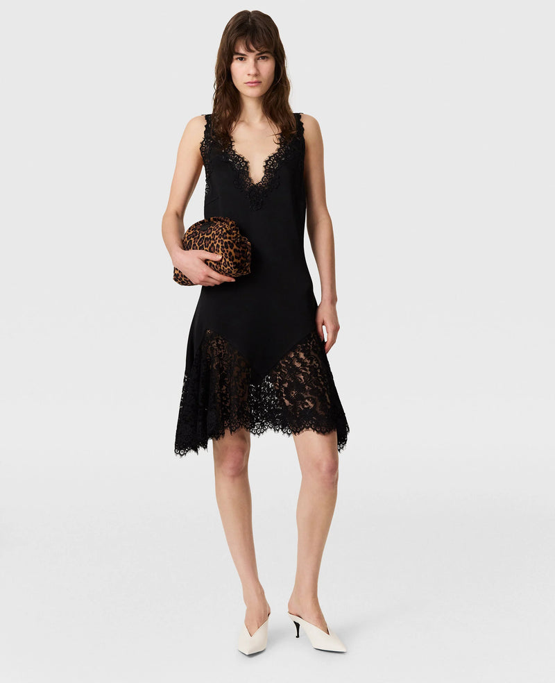 Lace-trimmed mini dress, black